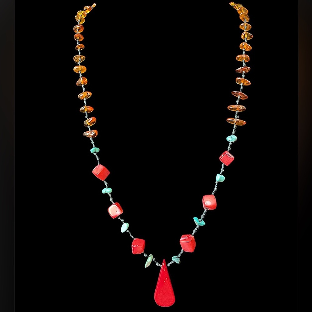 Vintage Baltic Amber Turquoise Coral Lavaliere Necklace